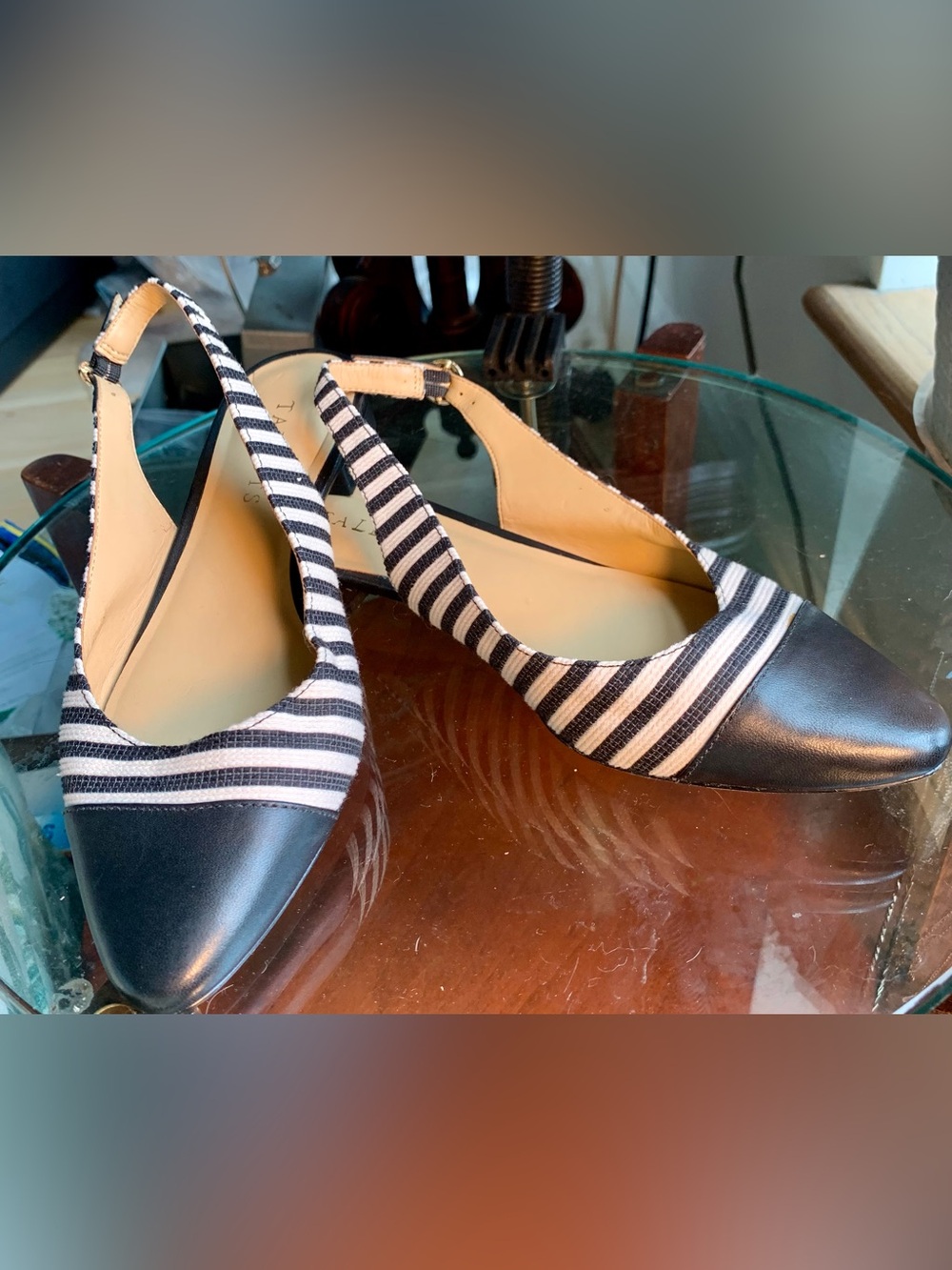 Talbots Classic Striped Black & White Slingback Flats w/ Leather Sole - Size 7